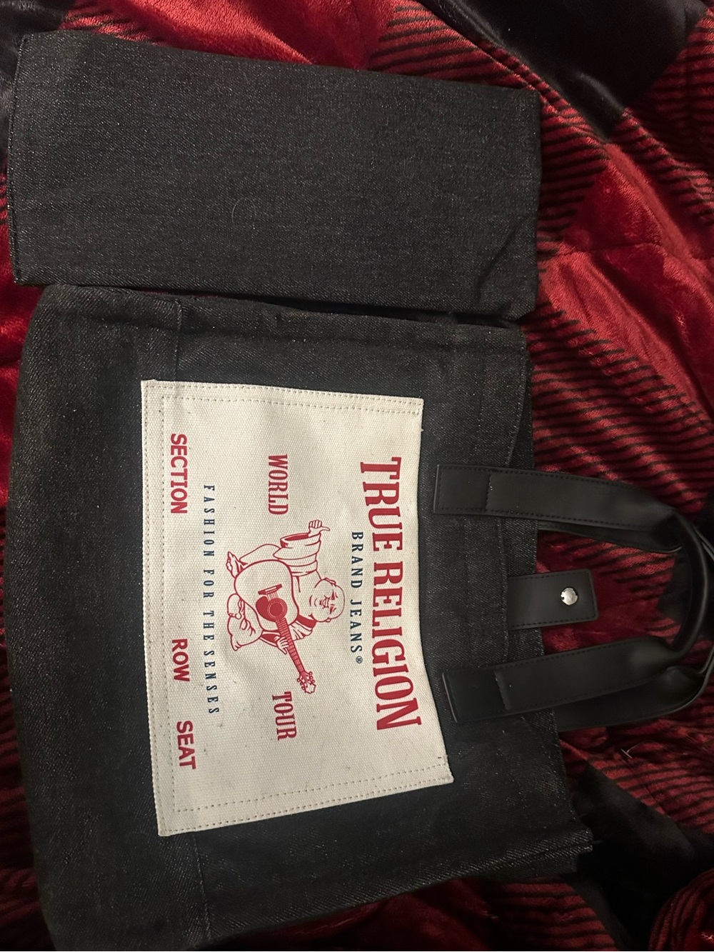 True Religion Black Canvas Messenger Bag with White Patch and Red Graphics
